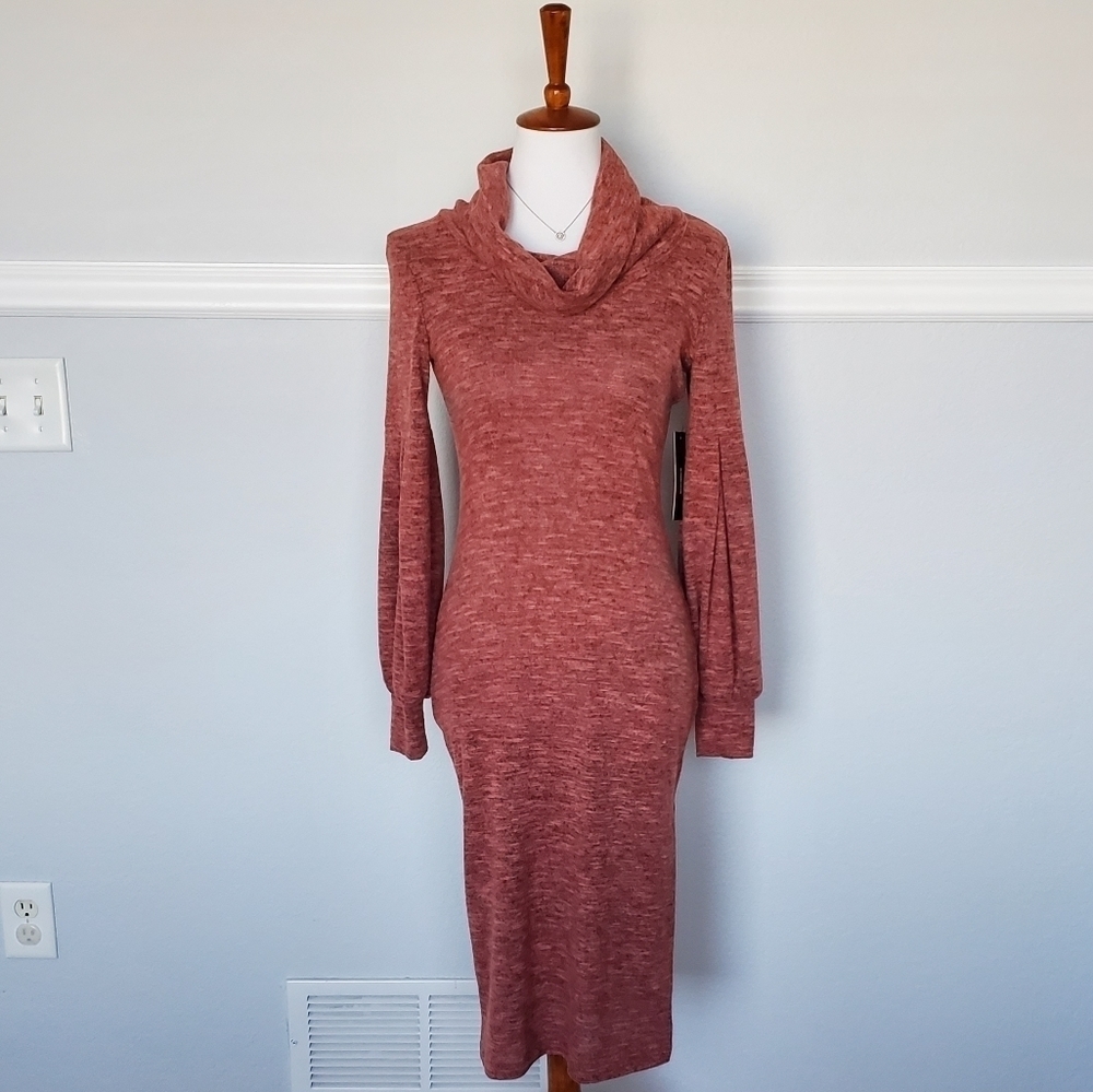 𝅺Lulu's Mattea Heathered Red Cowl Neck Midi Sweater Dress XS NWOT - Picture 2 of 16